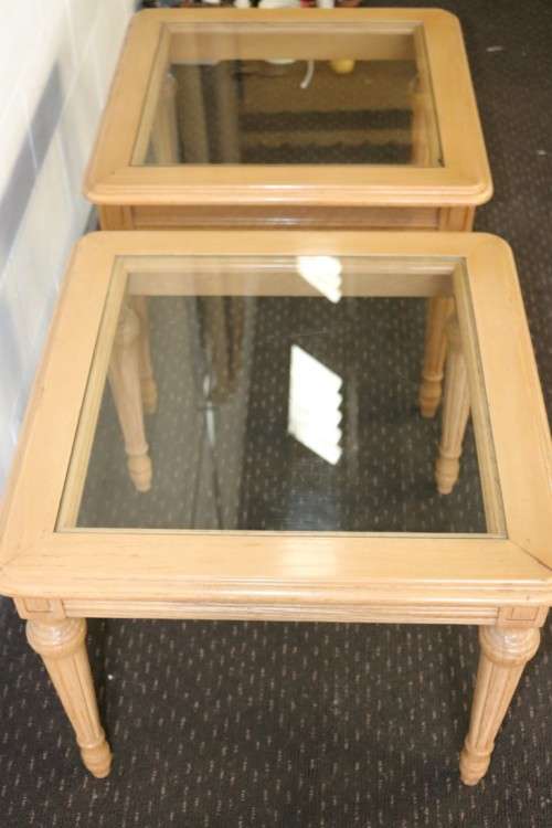 Two wonderful Oak side tables with removable glass tops and fluted carved legs - price/table