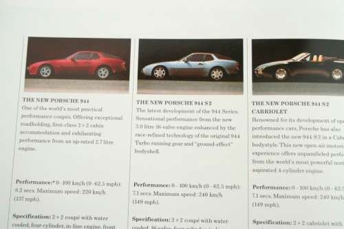 An incredible and rare 1989 "Porsche" vehicle Marques overview brochure including the 944, 911 & 928