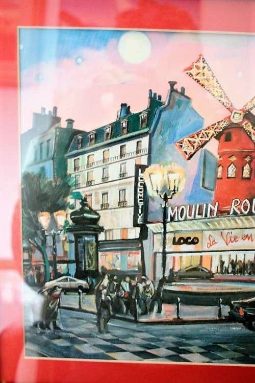 A superb "Moulin Rouge" painting print framed in a broad gold frame w/ a red borders - RS17Sale