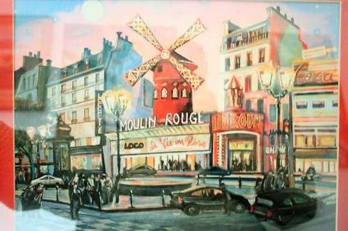 A superb "Moulin Rouge" painting print framed in a broad gold frame w/ a red borders - RS17Sale
