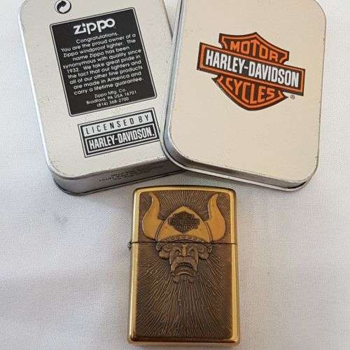 An amazing RARE (UNUSED) polished brass Barrett Smythe (Harley Davidson) "Viking" Zippo lighter