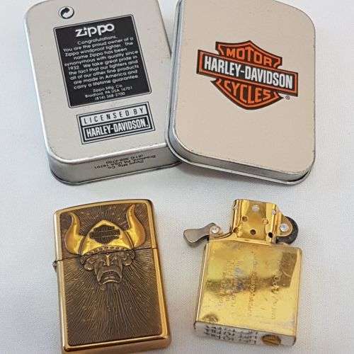 An amazing RARE (UNUSED) polished brass Barrett Smythe (Harley Davidson) "Viking" Zippo lighter