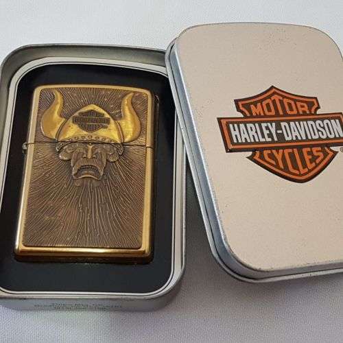 An amazing RARE (UNUSED) polished brass Barrett Smythe (Harley Davidson) "Viking" Zippo lighter