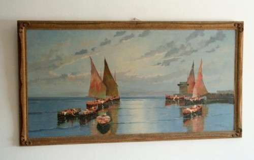 A fabulous large original signed and framed oil on canvas paintings of fishing boats in a harbour
