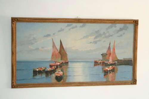 A fabulous large original signed and framed oil on canvas paintings of fishing boats in a harbour
