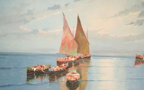 A fabulous large original signed and framed oil on canvas paintings of fishing boats in a harbour