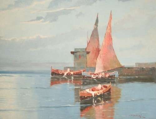 A fabulous large original signed and framed oil on canvas paintings of fishing boats in a harbour