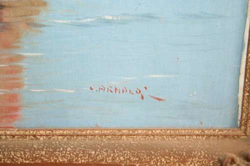 A fabulous large original signed and framed oil on canvas paintings of fishing boats in a harbour