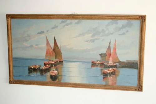 A fabulous large original signed and framed oil on canvas paintings of fishing boats in a harbour