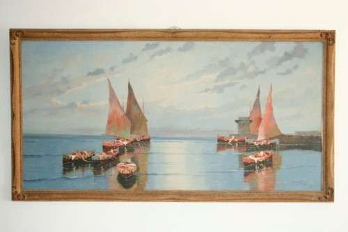 A fabulous large original signed and framed oil on canvas paintings of fishing boats in a harbour