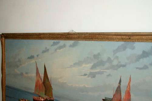 A fabulous large original signed and framed oil on canvas paintings of fishing boats in a harbour