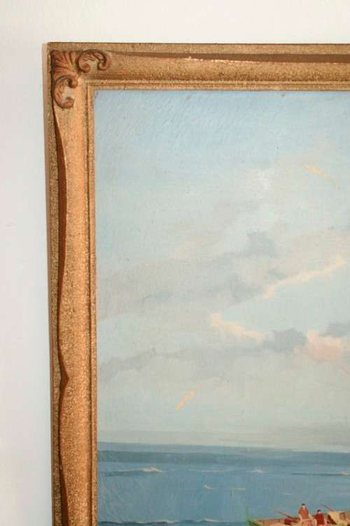 A fabulous large original signed and framed oil on canvas paintings of fishing boats in a harbour