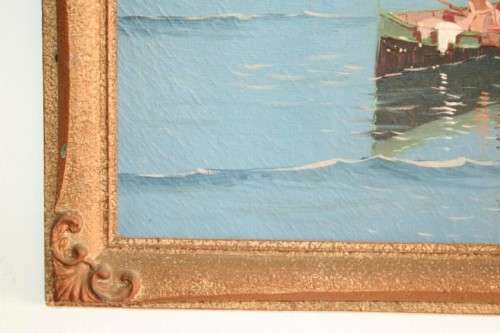 A fabulous large original signed and framed oil on canvas paintings of fishing boats in a harbour