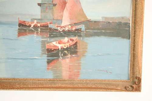 A fabulous large original signed and framed oil on canvas paintings of fishing boats in a harbour