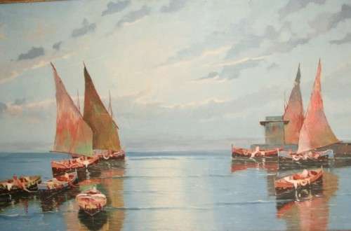 A fabulous large original signed and framed oil on canvas paintings of fishing boats in a harbour