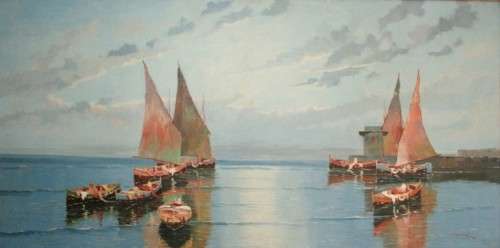 A fabulous large original signed and framed oil on canvas paintings of fishing boats in a harbour