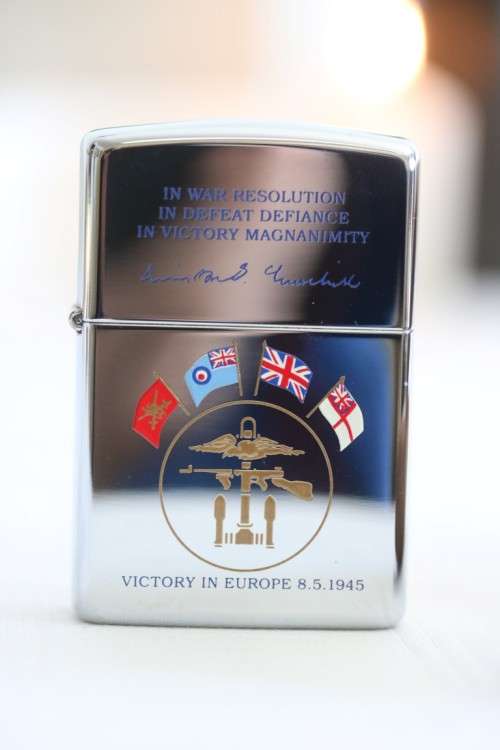 An excellent c1995 original Zippo limited edition "Victory in Europe" UNUSED chrome lighter