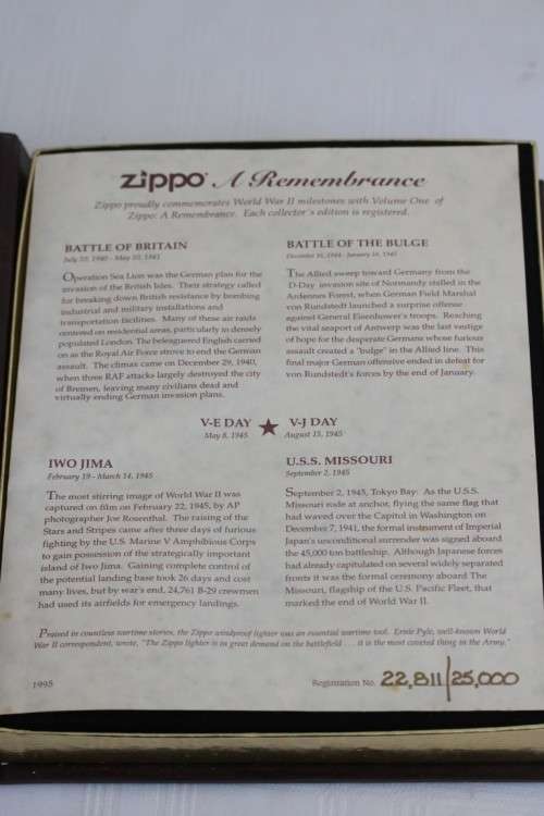 A magnificent "World War II - a remembrance" Zippo set w 4x lighters and a key ring - stunning gift!