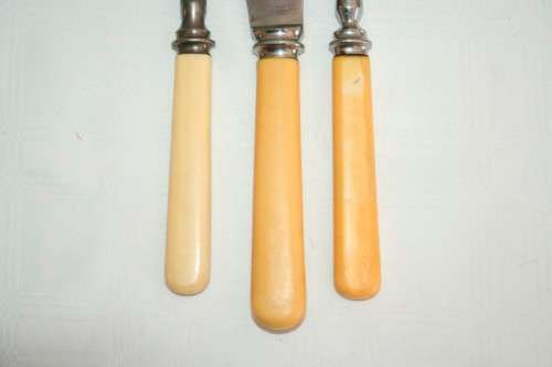 A stunning vintage boxed bone handle style carving knife and fork set with a sharpening steel
