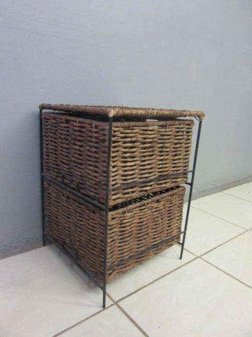 A wonderful metal and wicker pedestal/ bedside cabinet with two basket drawers in good condition!!