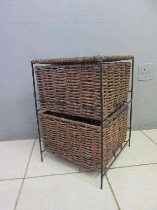 A wonderful metal and wicker pedestal/ bedside cabinet with two basket drawers in good condition!!