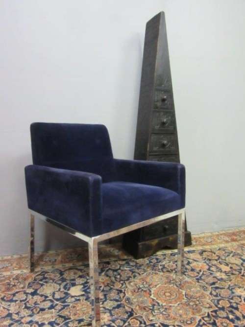 A beautiful vintage Retro "square" metal frame arm chair upholstered in a royal blue velvet fabric