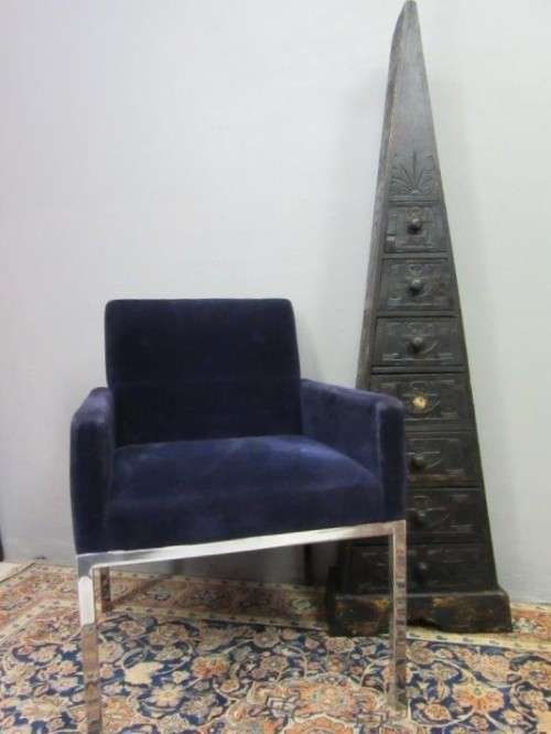A beautiful vintage Retro "square" metal frame arm chair upholstered in a royal blue velvet fabric
