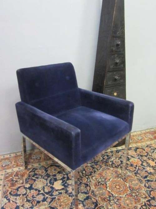 A beautiful vintage Retro "square" metal frame arm chair upholstered in a royal blue velvet fabric