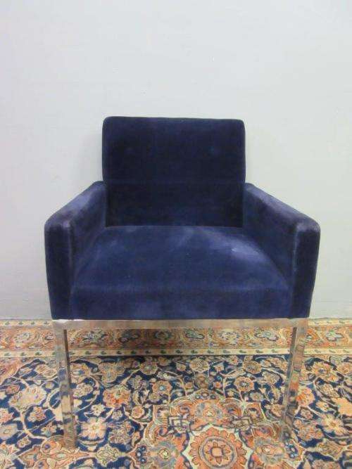 A beautiful vintage Retro "square" metal frame arm chair upholstered in a royal blue velvet fabric