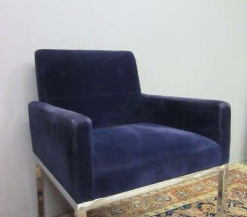 A beautiful vintage Retro "square" metal frame arm chair upholstered in a royal blue velvet fabric