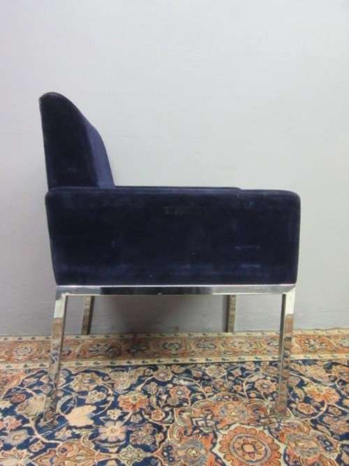 A beautiful vintage Retro "square" metal frame arm chair upholstered in a royal blue velvet fabric