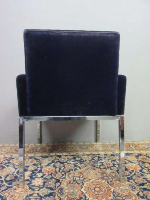 A beautiful vintage Retro "square" metal frame arm chair upholstered in a royal blue velvet fabric