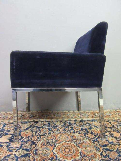 A beautiful vintage Retro "square" metal frame arm chair upholstered in a royal blue velvet fabric