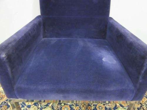 A beautiful vintage Retro "square" metal frame arm chair upholstered in a royal blue velvet fabric