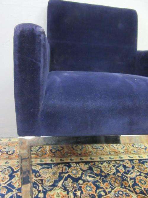 A beautiful vintage Retro "square" metal frame arm chair upholstered in a royal blue velvet fabric