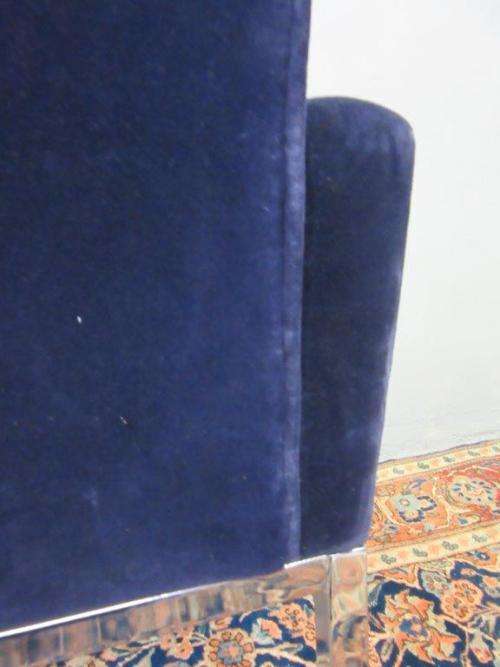 A beautiful vintage Retro "square" metal frame arm chair upholstered in a royal blue velvet fabric