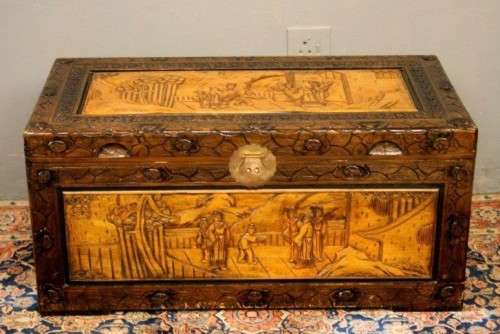 A superb & exquisitely made oriental teak and camphor wood hand carved kist w/ brass embellishments