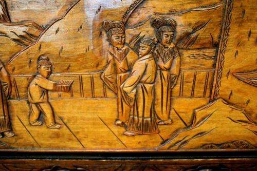 A superb & exquisitely made oriental teak and camphor wood hand carved kist w/ brass embellishments