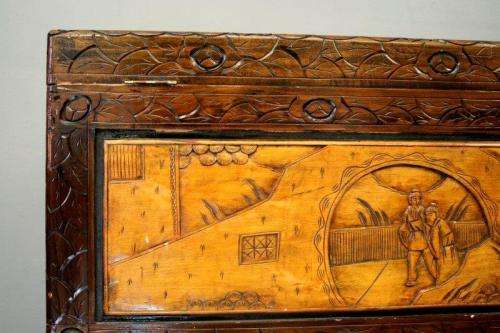 A superb & exquisitely made oriental teak and camphor wood hand carved kist w/ brass embellishments