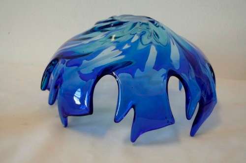 Spectacular & beautifully made LRG blue layered glass bowl w/ a flame appearance in great condition