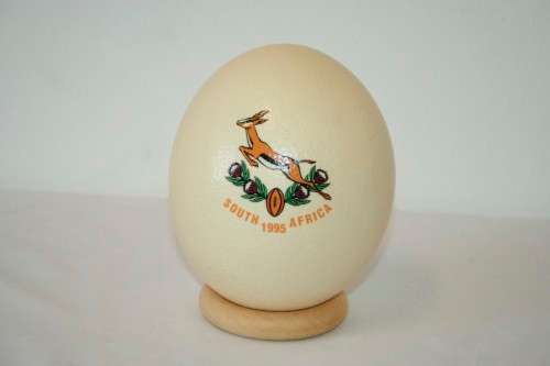 An awesome "1995 Rugby World Cup" commemorative ostrich egg on a wooden ring display stand