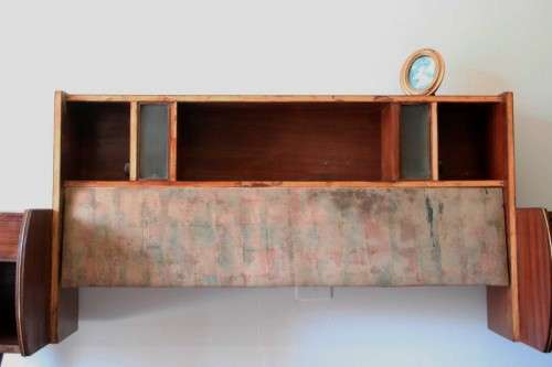 Incredible mid-century Scandinavian double pedestal headboard with lighting for restoration - AAA