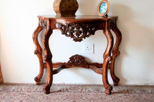 A spectacular antique Victorian half moon occasional/ hallway table with a marble inlay.