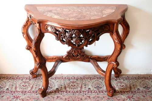 A spectacular antique Victorian half moon occasional/ hallway table with a marble inlay.