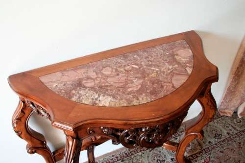 A spectacular antique Victorian half moon occasional/ hallway table with a marble inlay.