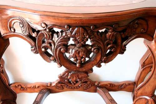 A spectacular antique Victorian half moon occasional/ hallway table with a marble inlay.