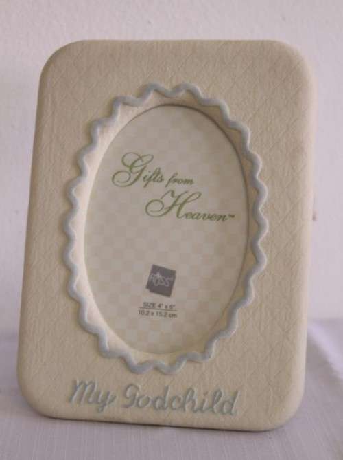 **RS17** An original Russ Bears & Toys hand painted "My Godchild" yellow & blue photo frame