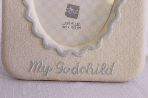 **RS17** An original Russ Bears & Toys hand painted "My Godchild" yellow & blue photo frame