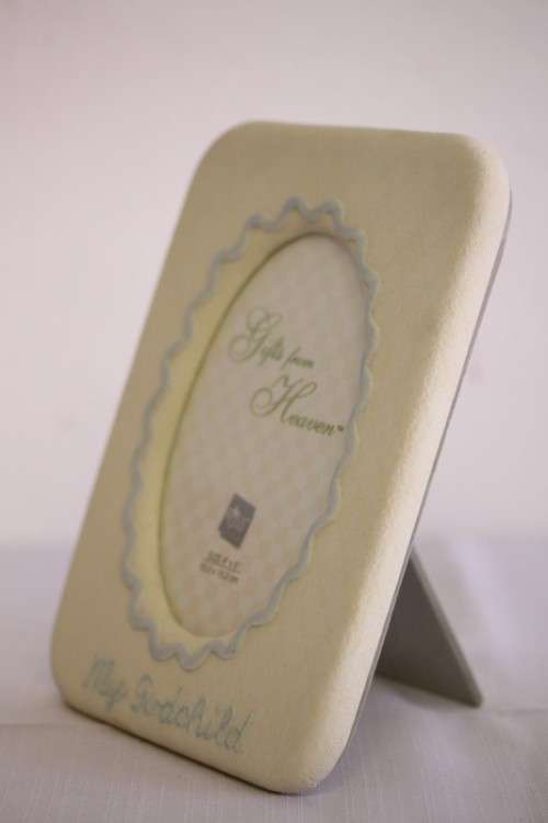 **RS17** An original Russ Bears & Toys hand painted "My Godchild" yellow & blue photo frame