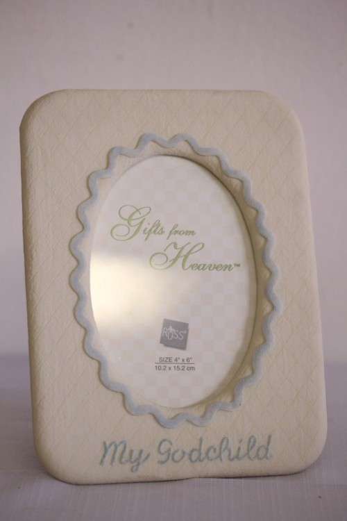 **RS17** An original Russ Bears & Toys hand painted "My Godchild" yellow & blue photo frame